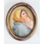 A Berlin porcelain oval plaque; miniature portrait on porcelain, signed Wagner, mother and child,