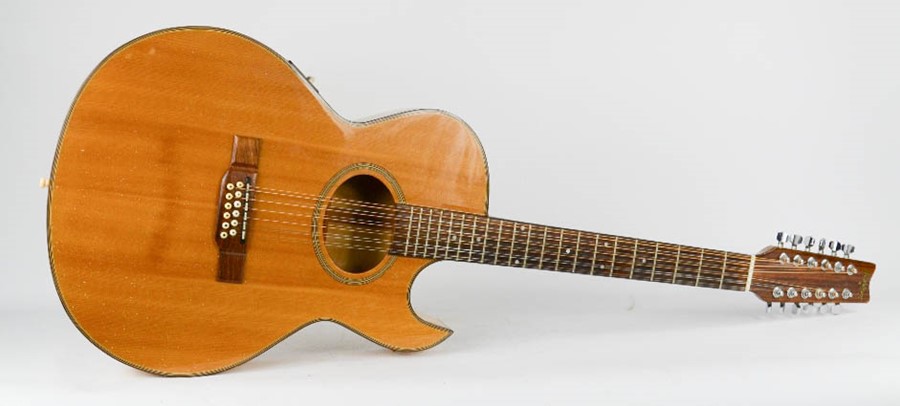 A Washburn 12 string acoustic guitar, in hard case.
