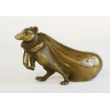 A Chinese bronze rat carrying a sack bearing engraved calligraphy.