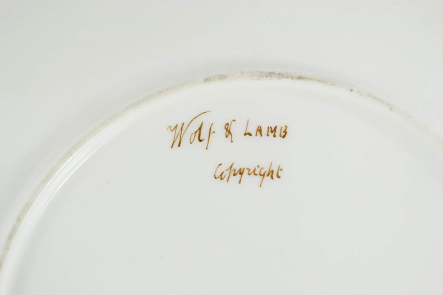 A group of three hand painted plates and a comport, handwritten verso in puce: Wolf & Lamb, and - Image 6 of 7