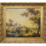 A reproduction print on canvas, bridge in landscape, in a giltwood frame, 41 by 49cm.