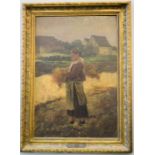 Bertha Schrader (1845-1912): woman gathering wheat with farm buildings, oil on board, label verso;