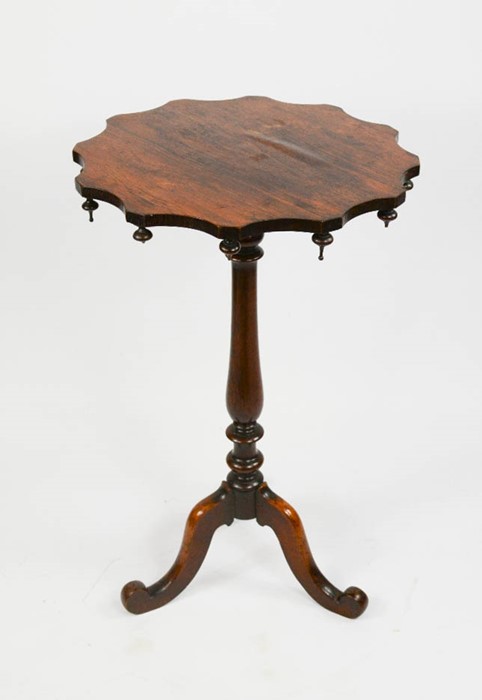 A 19th century rosewood veneered occasional table with multi foil top with pendant finials, baluster