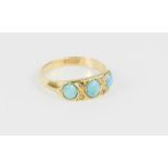 An 18ct gold, diamond and turquoise ring, the three turquoise ovals with interspersed chip diamonds,