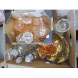 A sundry amber coloured glass, carnival glassware, pickle jar etc.