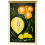 Phyllis Clarkes, abstract fruits, oil on board, dated verso 1965, 50 by 30cm.