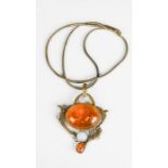 An Arts and Crafts necklace, with amber oval, and moonstone below.