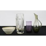 Three examples of mid century glass and a Studio ware pottery bowl.