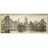 Bernard Buffet (20th century): Brooklyn Bridge, reproduction print, 38 by 97cm.