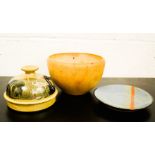 A Studio ware bowl and cover, a dish and treen bowl.