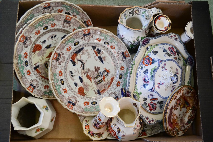 A group of Masons dinner plates, Ironstone candlesticks, jug, Chinese plates etc.