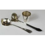 Two Danish silver scoops, one with a treen handle and a silver plated toasting cup.