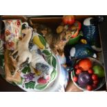 A group of ceramics to include model duck and dog figurines, fruit bowl and other items. (1 box)