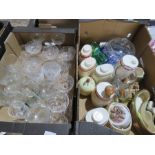 A quantity of items to include cut glass powder bowl, ceramics, set of Miniature spirit kegs, and