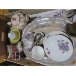 A large oval meat plate, a quantity of violet pattern teaware and sundry crockery.