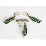 A set of silver and malachite peas in a pod earrings and brooch set.