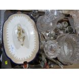 A miscellaneous box of silver plateware to include tea pot, cocktail shaker, crystal bowl, decanters