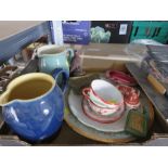 Two Denby jugs, two decorative plates, two tins, and Japanese teaware.