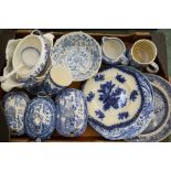 A selection of blue and white ceramics to include three small tureens, plates, jug and other