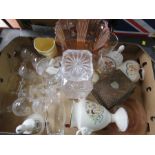 A group of commemorative wedding items and glassware and a glass vase.