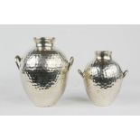 A pair of studio silver vases, with hammered finish, twin handles, 850 grade, marked to the bases,