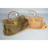Two vintage bags, one in tan suede with matching purse, and mirror, the other one in brown suede.