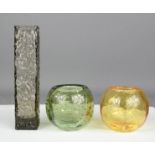Two 'bubble glass vases and a square Danish vase in grey.