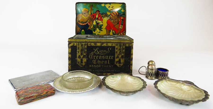 A Lyons Treasure chest assortment, together with two cigarette cases, silver plate ware and other