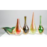 Four Murano glass bud vases, and one dish.