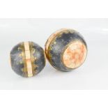 Two vintage Middle Eastern wooden balls, inlaid with bone with applied brass banding.