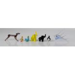 A group of murano glass animal figures, to include yellow elephant, blue duck, fish, penguin, dog