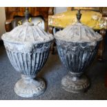 Architectural: a pair of lead garden urns / column finials.