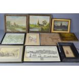 A box of miscellaneous prints, small watercolour of fishing boat, and two naieve paintings of