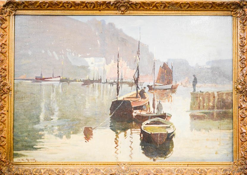 C.E. Astin (20th century): boats in the harbour, oil on board, signed lower right, 43 by 65cm.