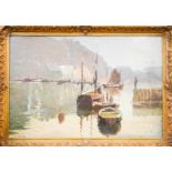 C.E. Astin (20th century): boats in the harbour, oil on board, signed lower right, 43 by 65cm.