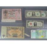 Bank notes: United States of America, Australia, Russian examples.