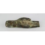Antiquities: an early bronze hand, with concentric circles to the palm, 13cm long.
