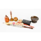 A quantity of treen, quills, snuff box, knife and other collectables.