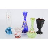 A group of glassware to include slag glass posy vase, milk jug, two bohemian stem vases, and a