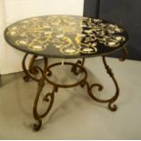 A Grand Tour Italian marble table top, inlaid with specimen marbles to form a foliate scrollwork