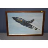J Crain, oil on board depicting a fighter jet, 36 by 55cm.