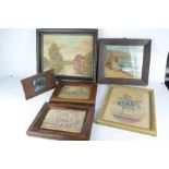 A group of pictures, including original oil paintings, a slide and a tapestry panel.