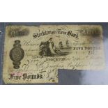 A Stockton on Tees Bank five pounds, dated 14th March 1882, for Johnathan Backhouse Company.