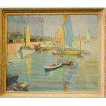 William Harris (20th century): Busy Harbour, oil on board, signed and dated 1952, 20 by 60cm.