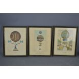 Three 19th century hand coloured French hot air balloon prints, Premier Voyage Aerien 1793, Modele