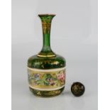 A Bohemian green glass 19th century perfume bottle and stopper, hand painted with floral decoration.