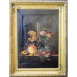 A 19th century oil on canvas depicting still life of bottle and fruits, unsigned, possibly by Walter