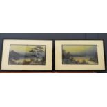 A pair of Art Deco period watercolours, evening lake scenes.