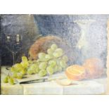 A 19th century oil on canvas, still life with grapes, oranges, and glass of red wine, unsigned