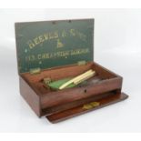 A Reeves & Son 113 Cheapside London artists box, containing antique nibs, bone paintbrush handles,